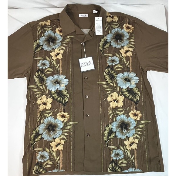 Vintage Boca Classics Shirt Men's L Green Short Sleeve Button Up Blue Hibiscus - Picture 1 of 8